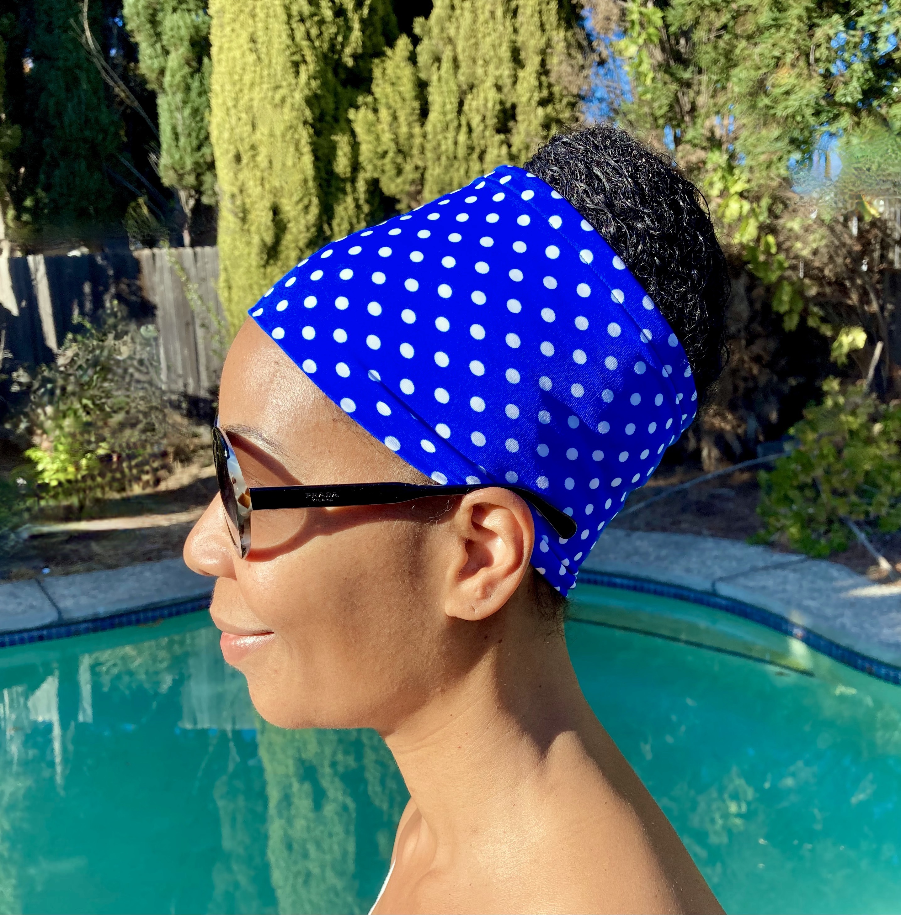 Blue Dolphin w/polka dots swim headband for long hair